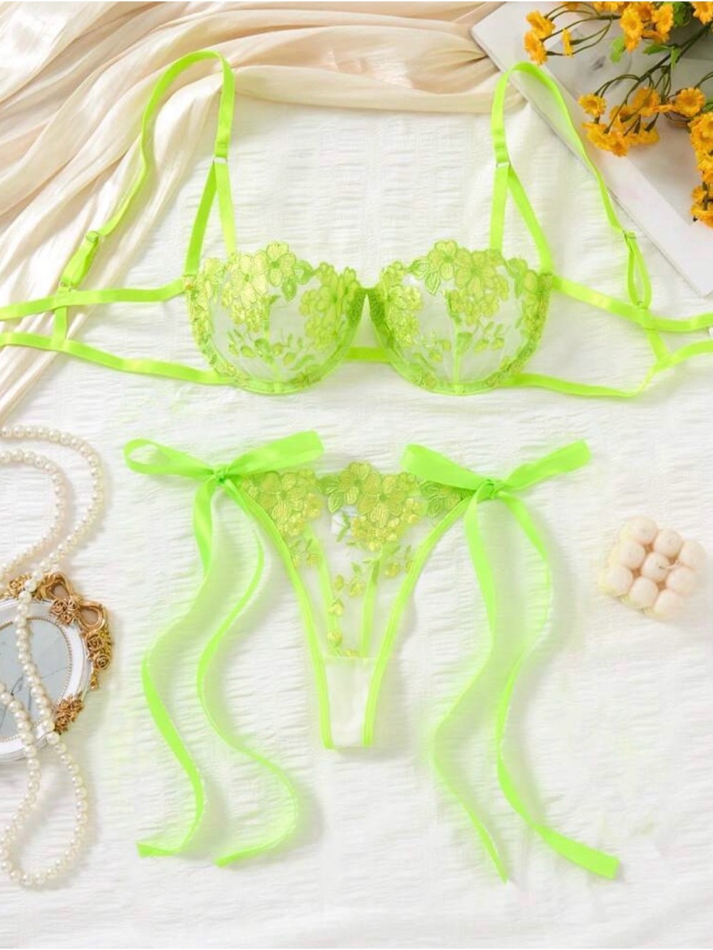Balconette Bra and Tanga Thong Set Green